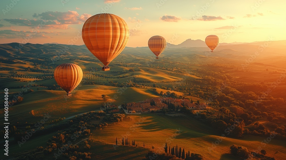 Colorful Hot Air Balloons Over Green Hills Colorful Hot Air Balloons Over Green Hills