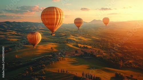 Colorful Hot Air Balloons Over Green Hills