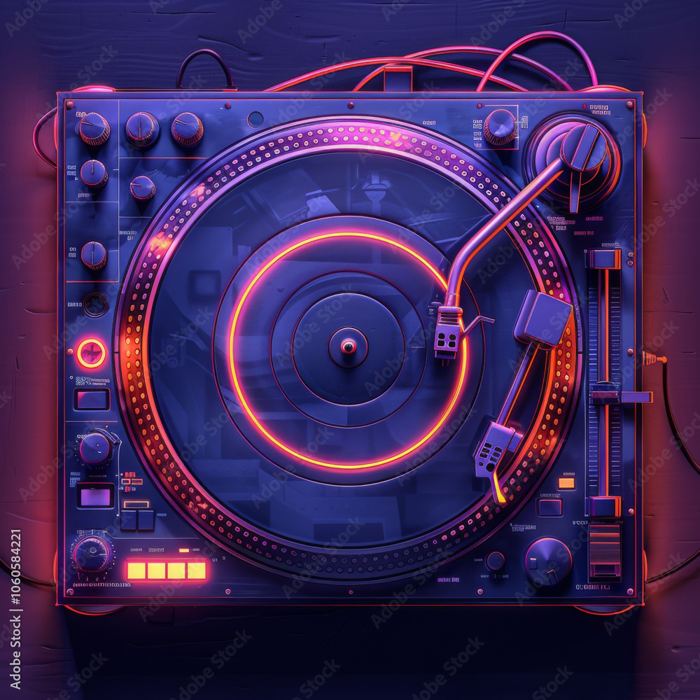 vibrant overhead view of music turntable featuring neon accents and intricate details, perfect for music enthusiasts and DJs. glowing elements create energetic atmosphere vibrant overhead view of music turntable featuring neon accents and intricate details, perfect for music enthusiasts and DJs. glowing elements create energetic atmosphere