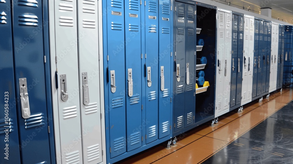 Colorful School Lockers in Modern Hallway Colorful School Lockers in Modern Hallway