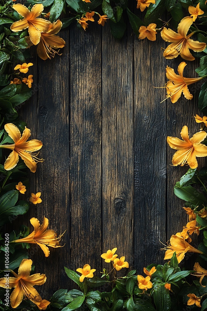 Beautiful yellow flowers framing rustic wooden background for nature-inspired decor and design ideas Beautiful yellow flowers framing rustic wooden background for nature-inspired decor and design ideas