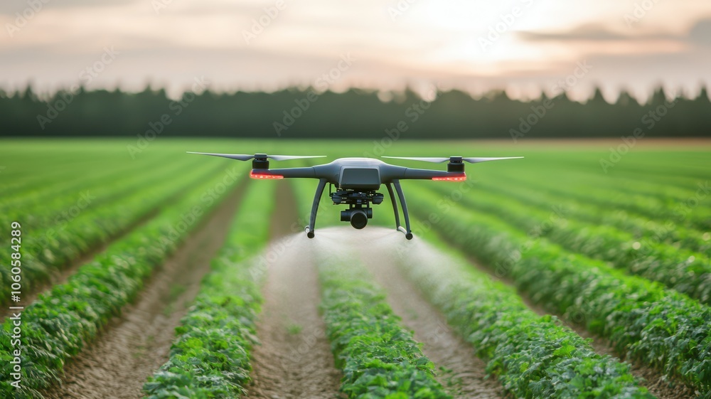 A drone flies over a lush green field, spraying crops under the warm glow of the sunset, showcasing modern agricultural technology. A drone flies over a lush green field, spraying crops under the warm glow of the sunset, showcasing modern agricultural technology.