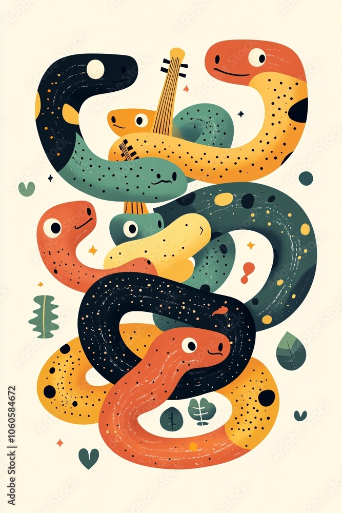 Colorful snakes play melodies in a whimsical jungle scene with lush greenery and musical elements Colorful snakes play melodies in a whimsical jungle scene with lush greenery and musical elements