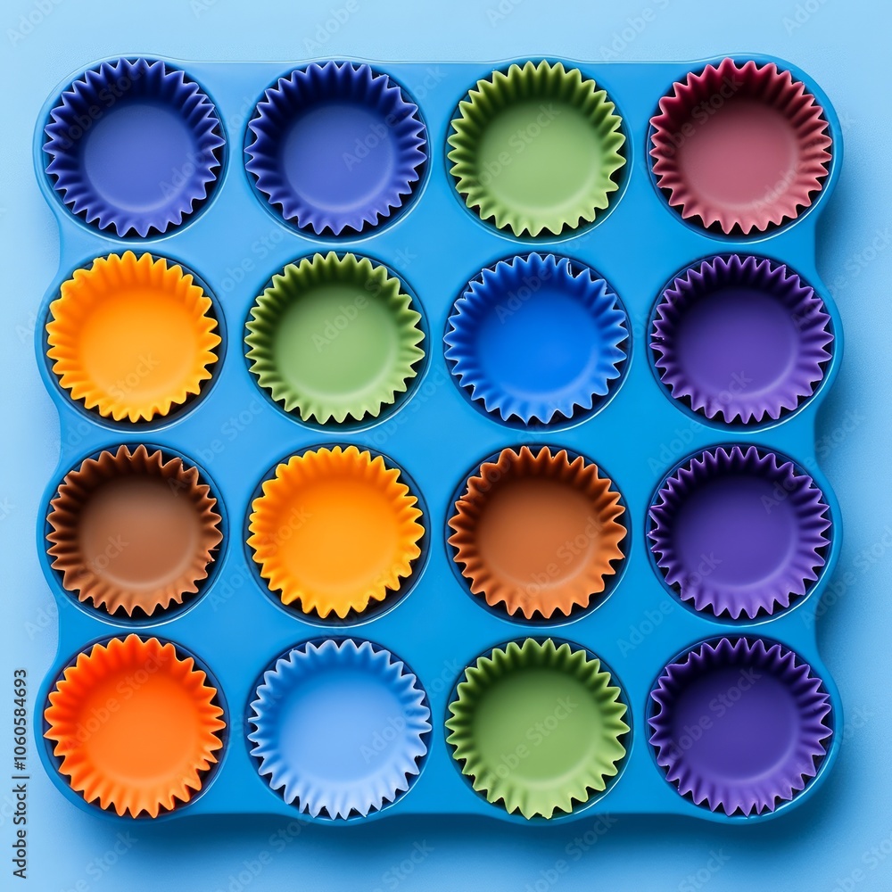 A blue silicone muffin tin with colorful cupcake liners. A blue silicone muffin tin with colorful cupcake liners.
