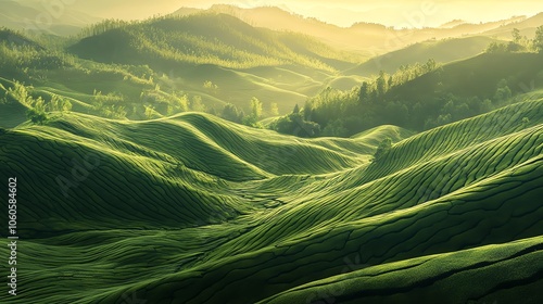 Breathtaking green hills under soft sunlight, showcasing the beauty of nature's rolling landscape. photo