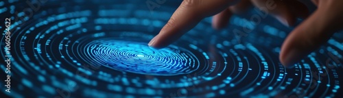 A close-up of a finger touching a glowing blue digital interface, symbolizing technology, connection, and innovation.
