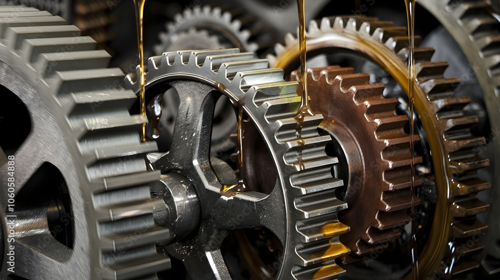 Interlocking large and small rusty gears with oil dripping, dark blurred background Interlocking large and small rusty gears with oil dripping, dark blurred background
