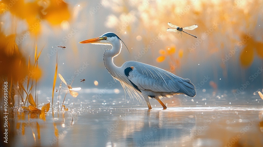 Naklejka premium Herons Wading in Wetland with Cattails and Dragonflies