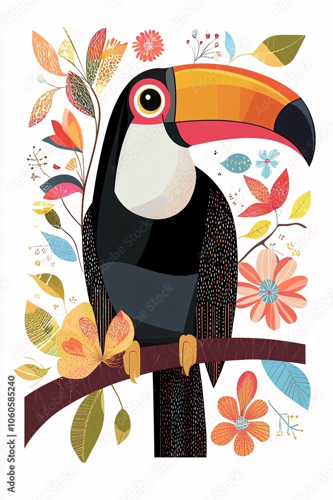 Naklejka premium A colorful toucan perched among vibrant leaves and flowers in a lush tropical scene