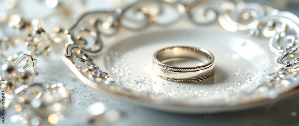simple silver band ring on a white dish with glitter simple silver band ring on a white dish with glitter