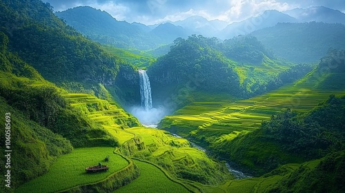 Farmer Tending Rice Paddies in Valley with Waterfall and Mountains