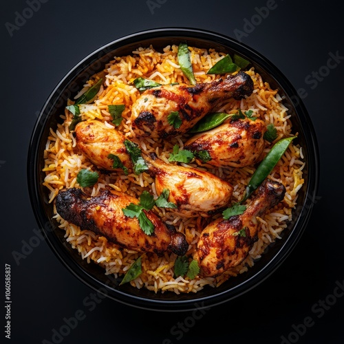 A bowl of aromatic chicken biryani with tender chicken pieces, fluffy rice, and fragrant spices.