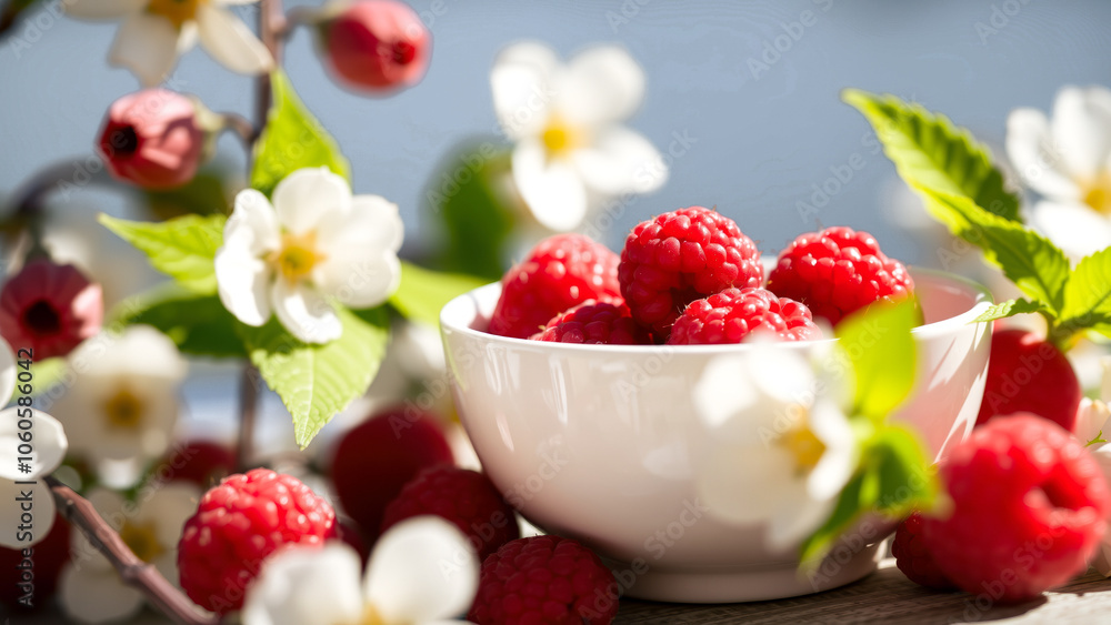 red raspberries a white bowl surrounded by blossoms red raspberries a white bowl surrounded by blossoms
