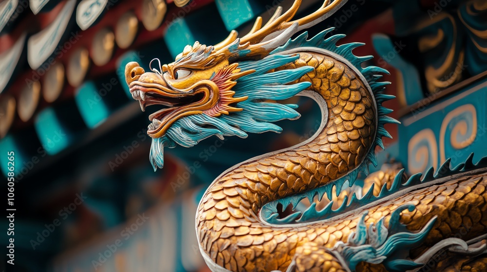 Colorful dragon statue with intricate details against an ornate architectural background. Colorful dragon statue with intricate details against an ornate architectural background.