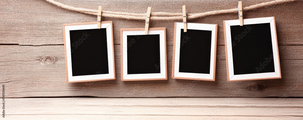 A collection of blank photo frames hanging on a wooden backdrop, perfect for showcasing memories or for artistic projects. A collection of blank photo frames hanging on a wooden backdrop, perfect for showcasing memories or for artistic projects.
