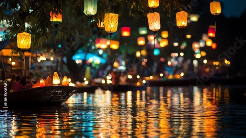 Colorful lanterns reflecting on water at night, creating a serene and enchanting atmosphere.