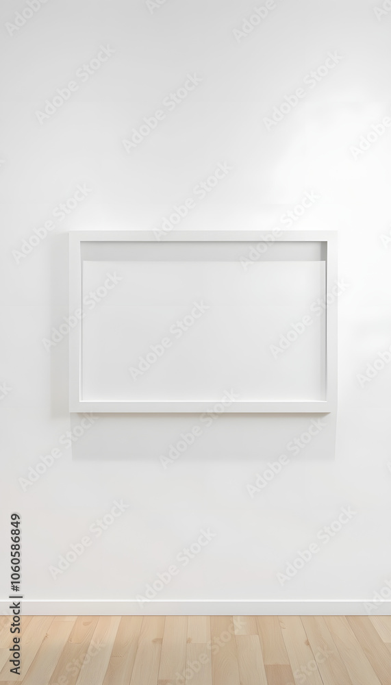White rectangular horizontal frame hanging on a white wall mockup 3D rendering isolated with white highlights, png White rectangular horizontal frame hanging on a white wall mockup 3D rendering isolated with white highlights, png