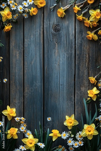 Vibrant spring blooms a beautiful arrangement of daffodils and daisies against a rustic wooden background