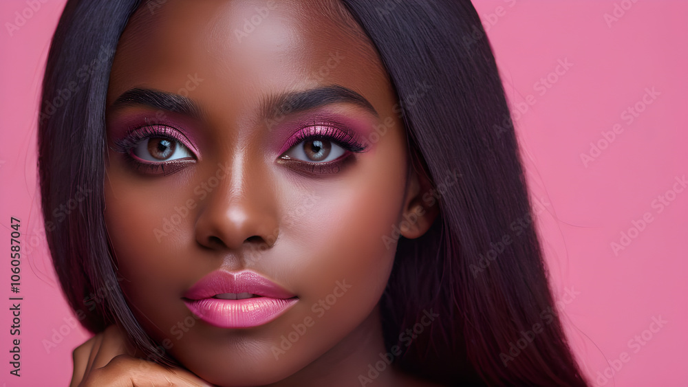 Portrait of beautiful african american woman with bright makeup on pink background Portrait of beautiful african american woman with bright makeup on pink background