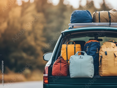 A car trunk filled with colorful bags, ready for an adventurous road trip in nature during sunset. photo