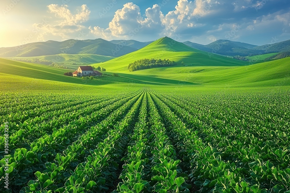 Rural Farmhouse Nestled Amidst Rolling Green Hills and a Lush Field