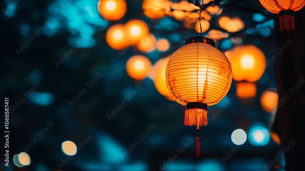 Obraz premium Decorative orange lanterns illuminate a serene evening, creating a festive atmosphere.