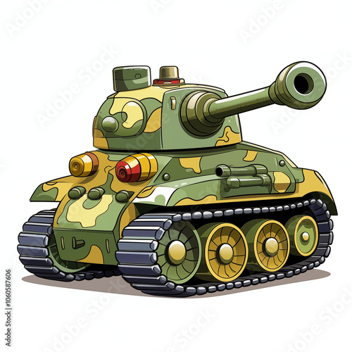 Colorful cartoon tank with a playful design featuring a classic military camouflage pattern photo