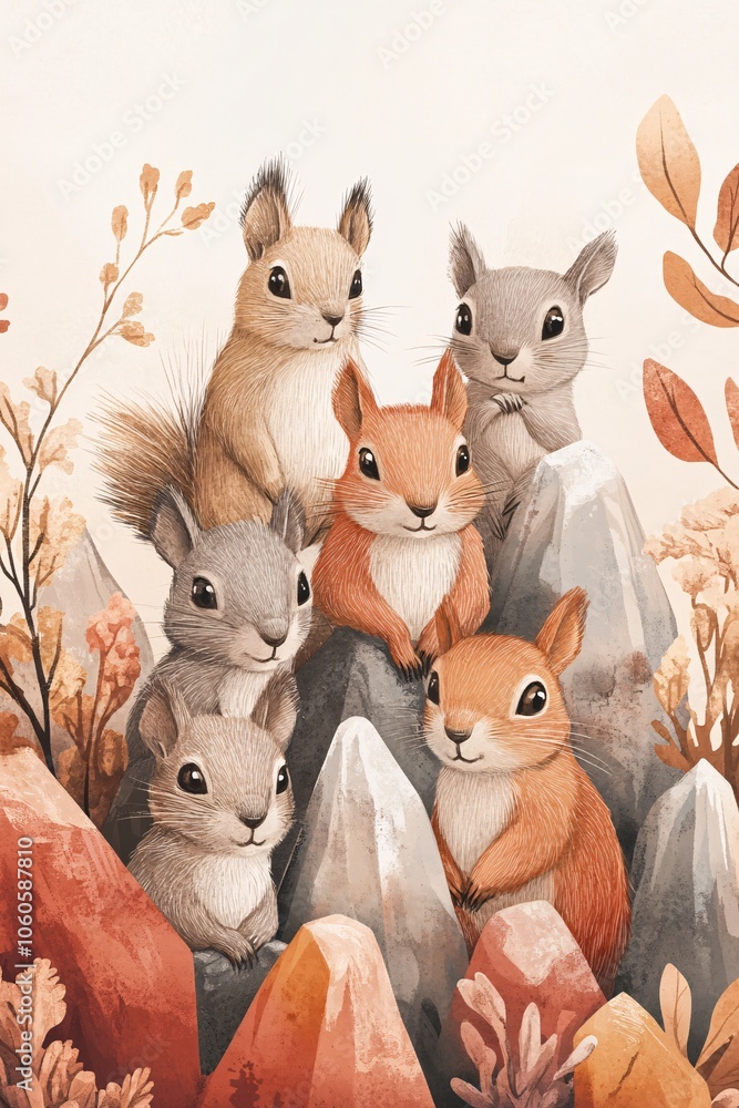 Naklejka premium Squirrels gather on rocky terrain amidst autumn flora for a charming woodland portrait