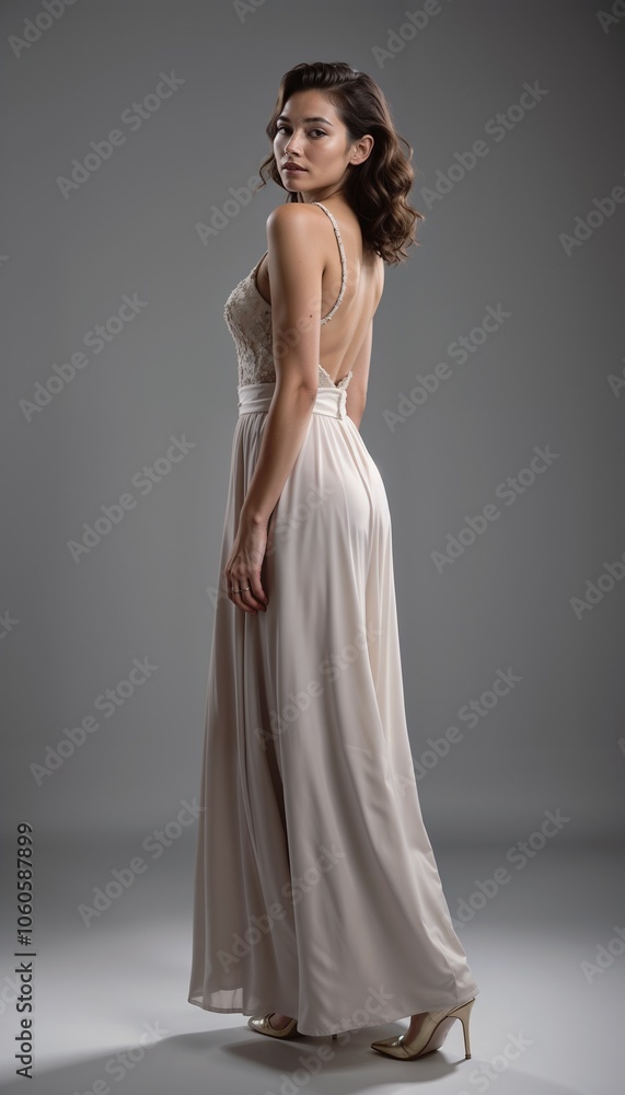Graceful young woman in elegant gown posing with back turned against gray background Graceful young woman in elegant gown posing with back turned against gray background