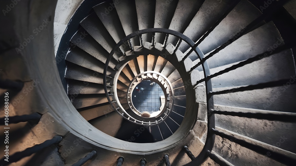 Fototapeta premium Stone spiral staircase with iron railing leading to a dim basement