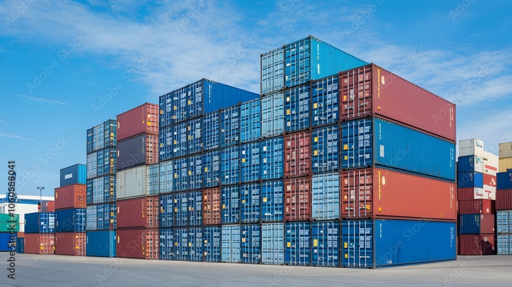 Shipping container yard with stacked colorful containers, blue sky Shipping container yard with stacked colorful containers, blue sky