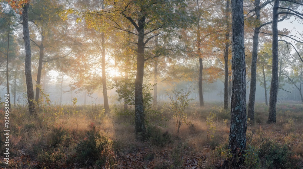 Fototapeta premium Sunlight breaks through the trees, illuminating a serene forest path. The soft mist adds a mystical quality to the early morning, creating a tranquil atmosphere in nature.