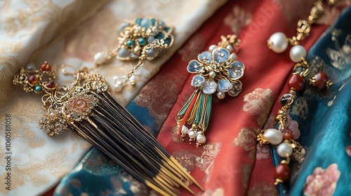 Elegant vintage hair accessories displayed on rich textile backgrounds. photo