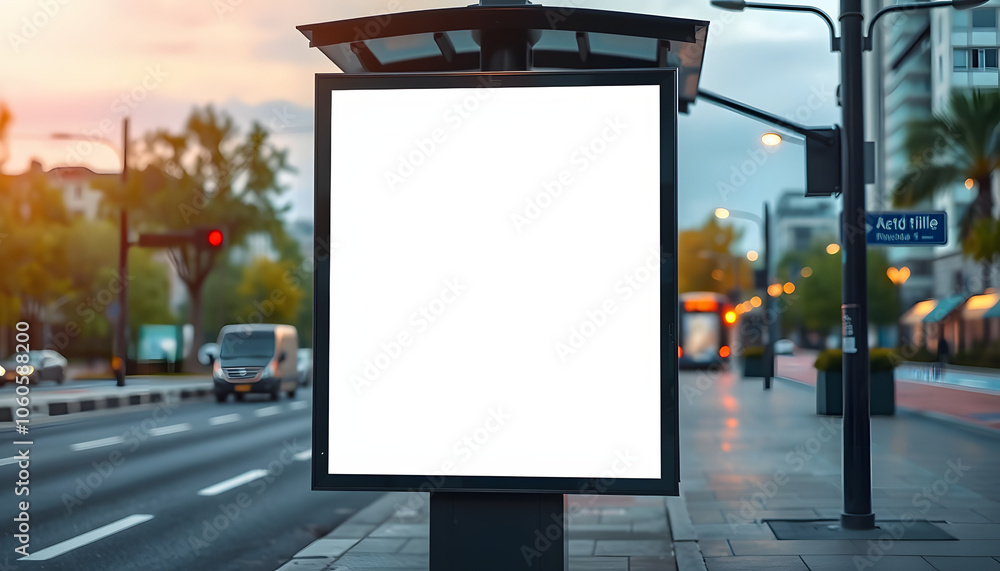 Close-up view of an empty billboard placeholder template inside of the city bus stop; blank advertising banner mock-up near the road; white empty informational signboard on the street isolated with 