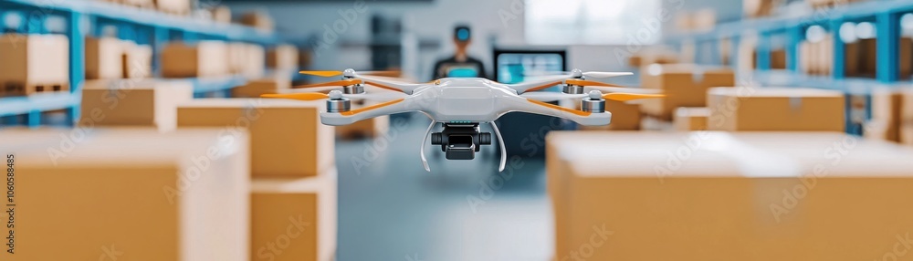 A drone navigates through a warehouse filled with boxes, showcasing modern delivery technology and logistics operations. A drone navigates through a warehouse filled with boxes, showcasing modern delivery technology and logistics operations.
