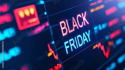 Black Friday marketing event represented on a digital display with colorful graphs and numbers showcasing retail trends and sales data