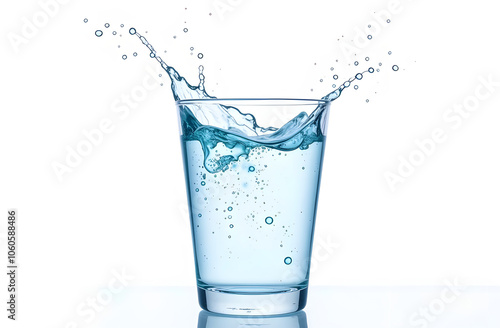 A glass of clean water with splashes is an isolated object on a white background.