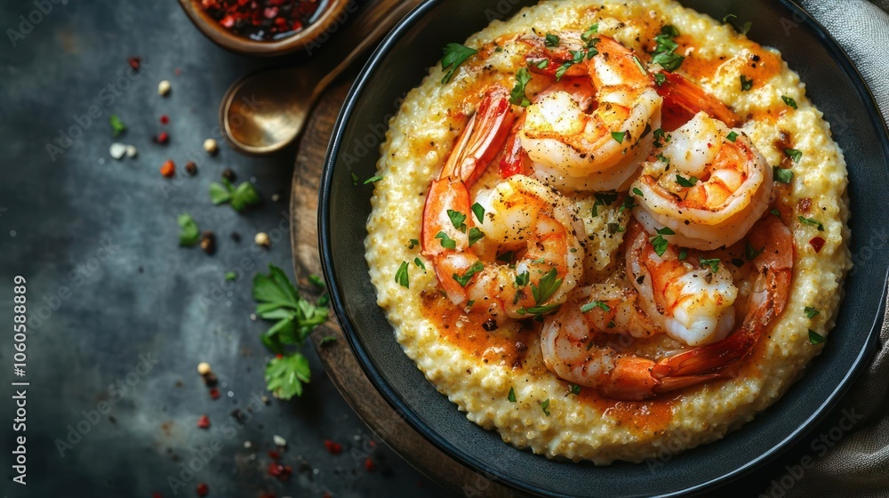 A delicious dish of shrimp and grits served with a side of sauce, A delicious dish of shrimp and grits served with a side of sauce,