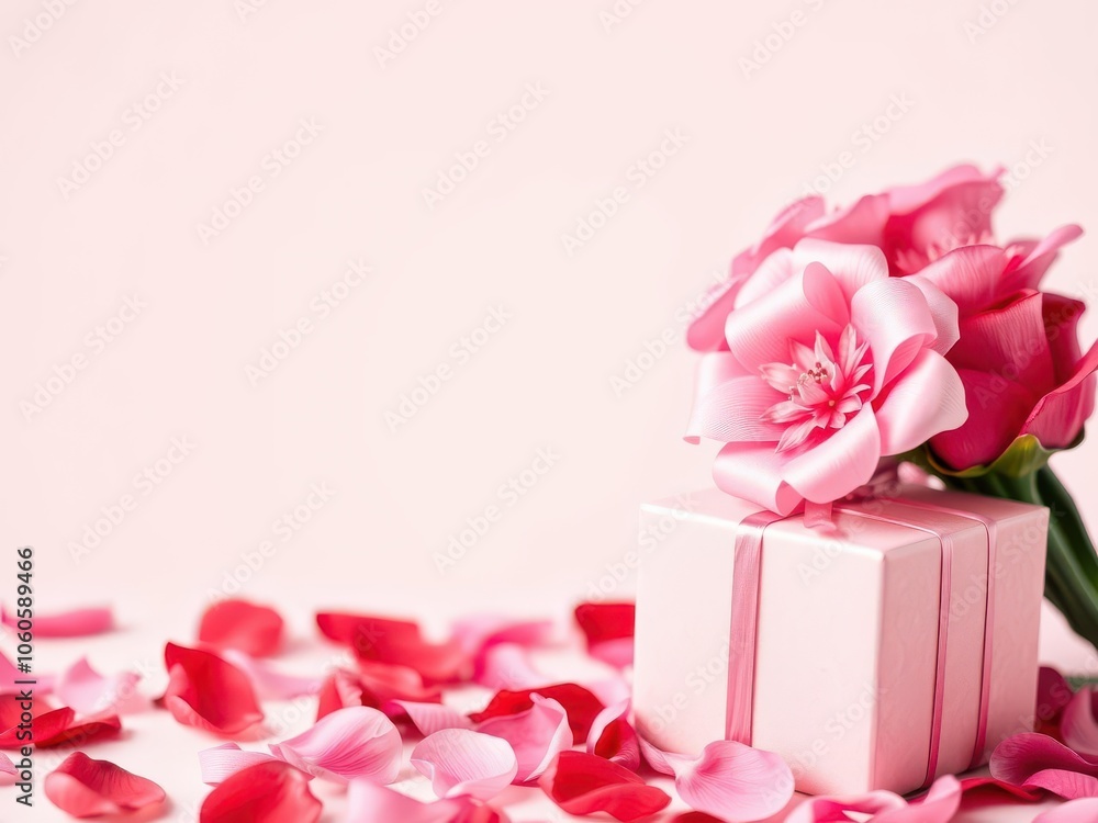 A beautiful heart-shaped bouquet of red roses and pink tulips surrounded by scattered rose petals on a white background, gift, holiday, pink A beautiful heart-shaped bouquet of red roses and pink tulips surrounded by scattered rose petals on a white background, gift, holiday, pink