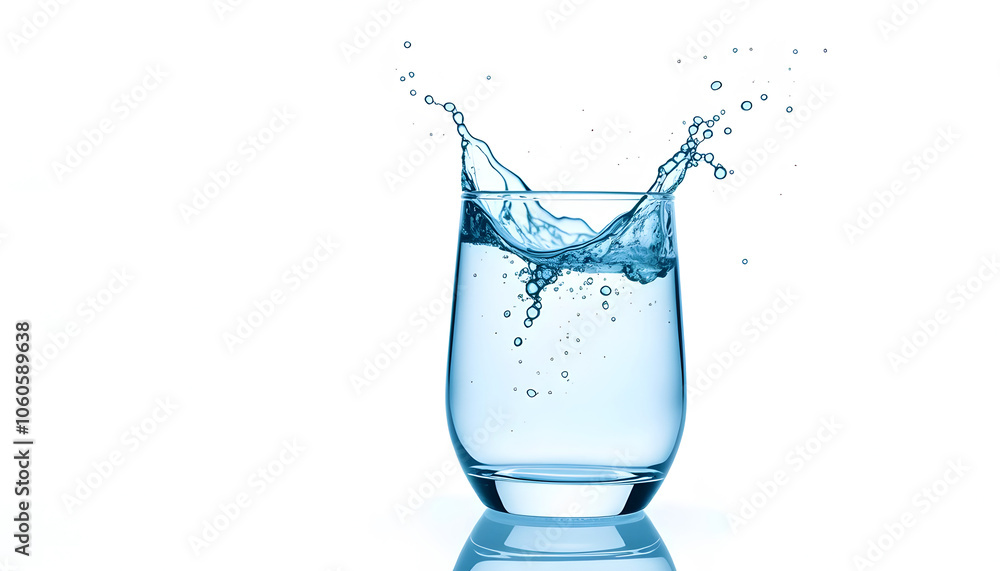A glass of water with splashes of white background, isolated object A glass of water with splashes of white background, isolated object
