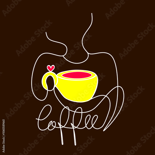 Arte linear escrito coffee em ingles, fundo marrom, xicara amarela e coração rosa,
