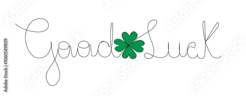 Line Arte escrito good luck, boa sorte em ingles, com trevo de quatro folhas verde