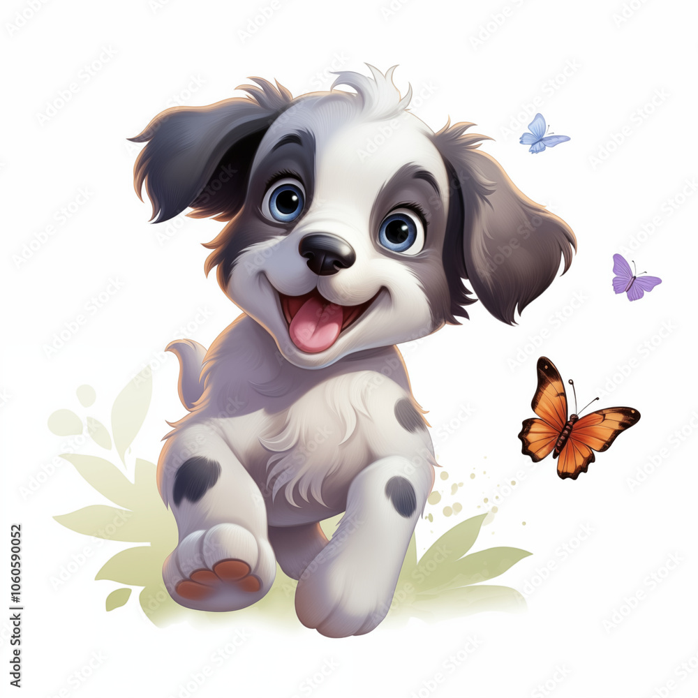 A playful cartoon puppy joyfully running through a garden surrounded by colorful butterflies