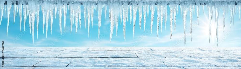 Closeup of icicles hanging from a roof, sparkling in the sunlight, crisp winter day. 8k, in focus, realistic texture, copy space for text