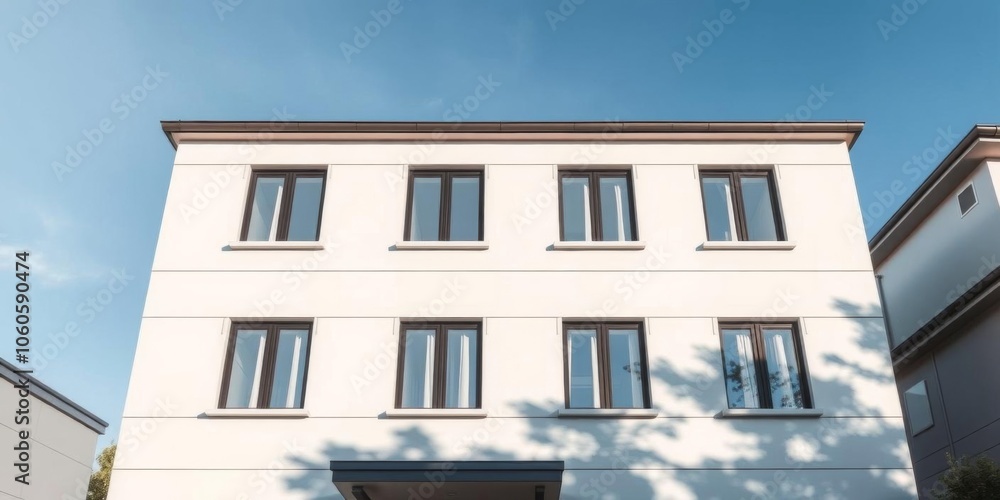 Modern house exterior with sleek lines and large windows, set against a vivid blue sky, facade, shadows, luxury Modern house exterior with sleek lines and large windows, set against a vivid blue sky, facade, shadows, luxury
