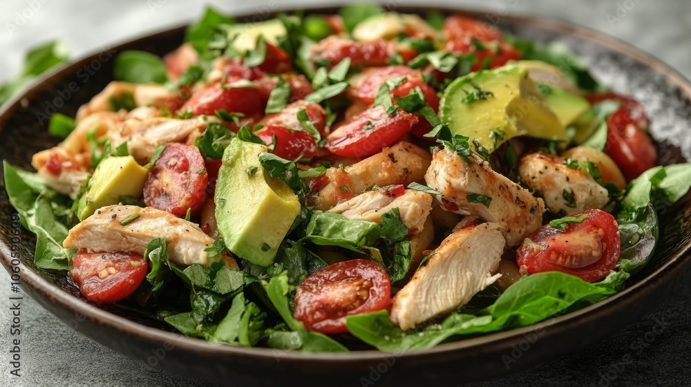 Delicious Chicken Pasta Salad with Avocado and Tomatoes Served on a Plate, Isolated Against a White Background, Highlighting Fresh Ingredients and Vibrant Colors for a Healthy Meal Delicious Chicken Pasta Salad with Avocado and Tomatoes Served on a Plate, Isolated Against a White Background, Highlighting Fresh Ingredients and Vibrant Colors for a Healthy Meal