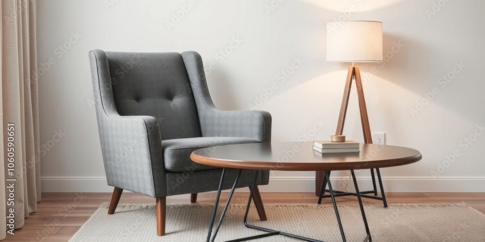 Modern living room interior with a stylish grey armchair, table, and lamp, table, interior, design Modern living room interior with a stylish grey armchair, table, and lamp, table, interior, design