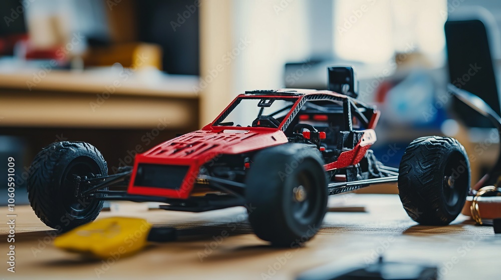 Closeup of a Red RC Car Model on a Wooden Table Closeup of a Red RC Car Model on a Wooden Table