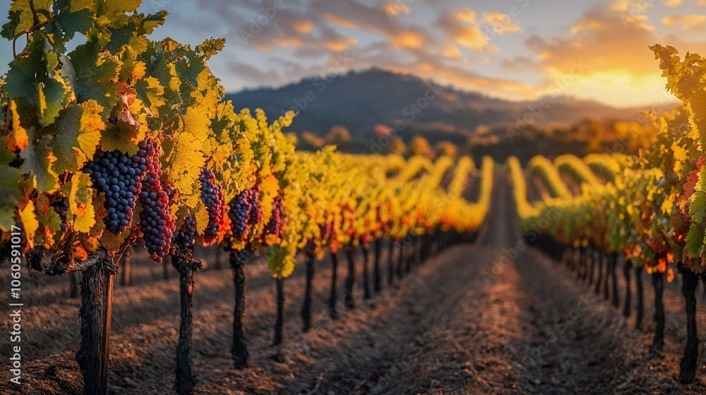 Fototapeta premium Autumn Vineyard with Grape Vines and Golden Sunset Light