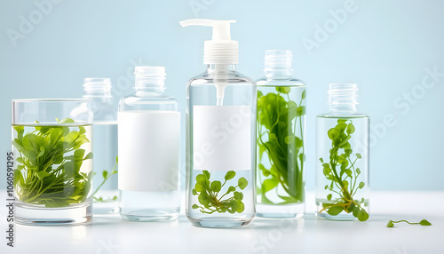 A set of transparent glassware filled with green seaweed and water. Cosmetic bottle in pastel color with empty label is featured. Research science content isolated with white highlights, png